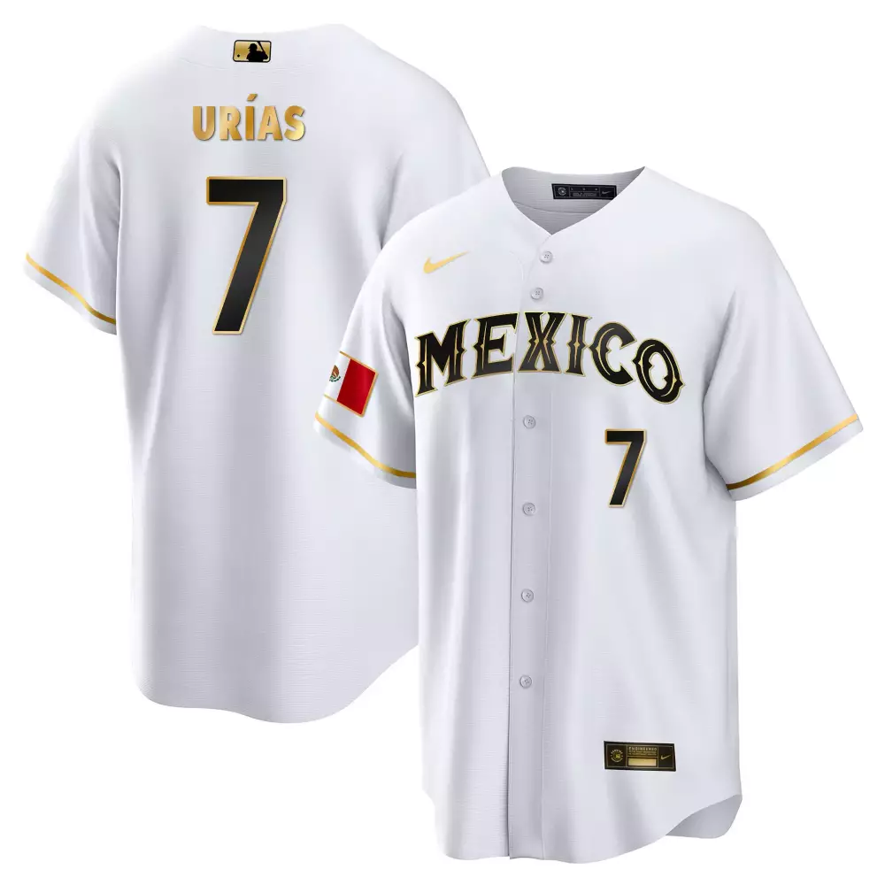 Urias Mexico 7 Jersey White Flag Men Black Gold Cool Base Stitched