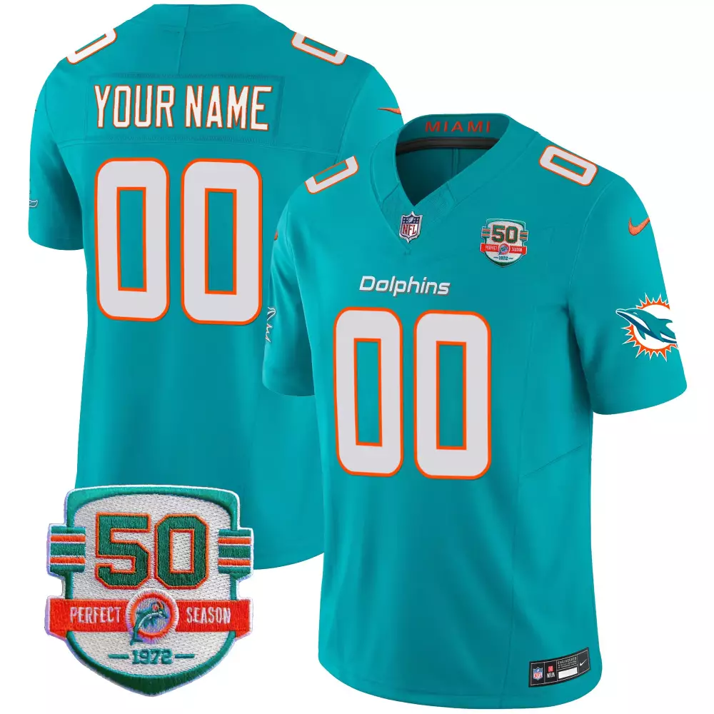Custom Miami Dolphins Jersey Teal 50 Perfect Season 1972 Men Replica Orange White