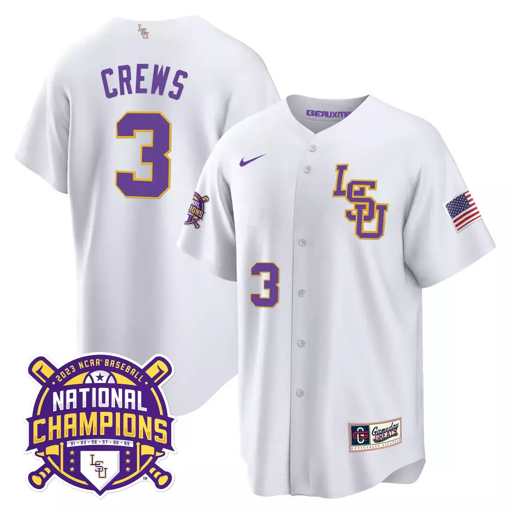 Dylan Crews 3 Lsu Jersey White 2023 Ncaa Baseball National Champions American Flag