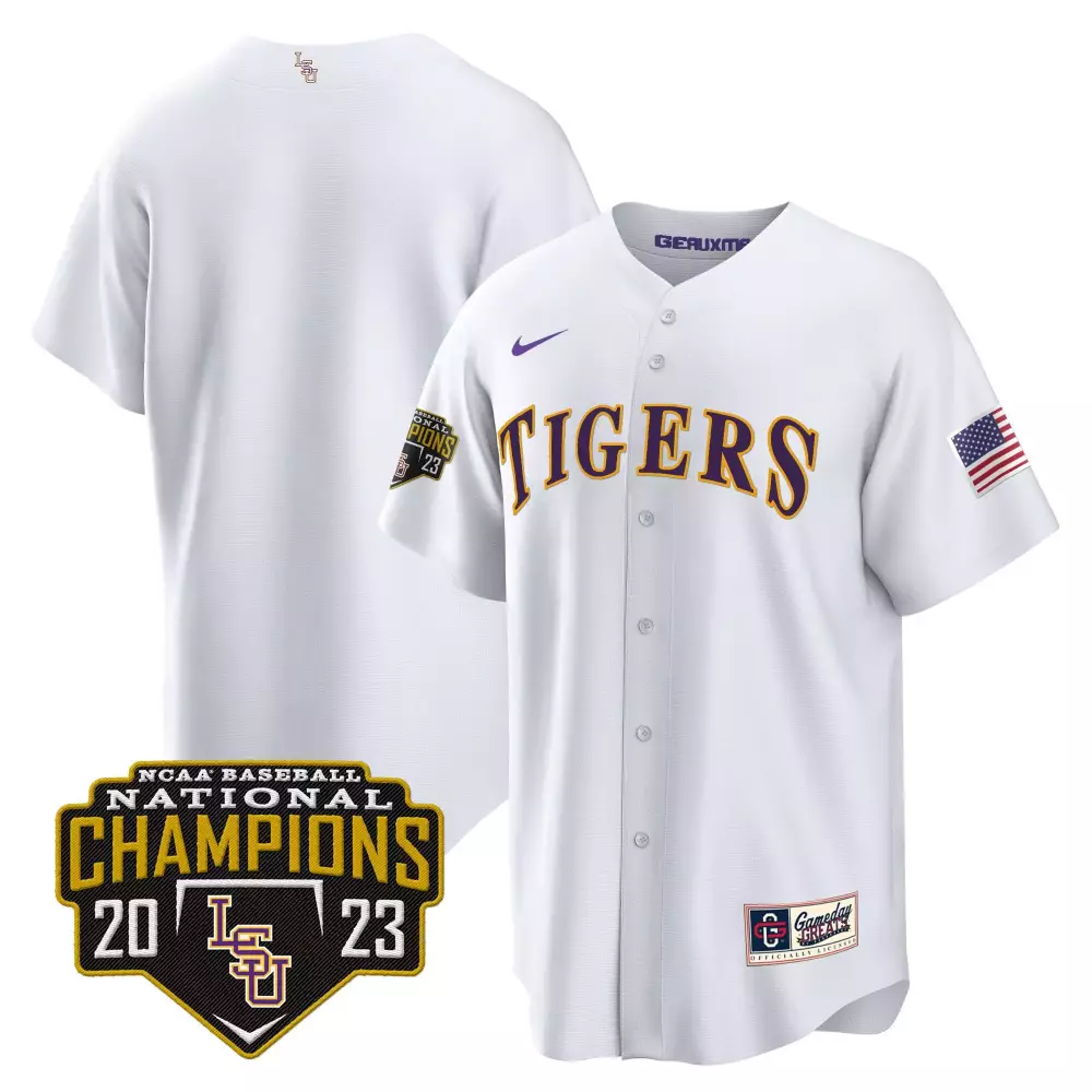 Lsu 23 Jersey White Ncaa Baseball National Champions 2023 American Flag Gameday Gear Officially Licensed