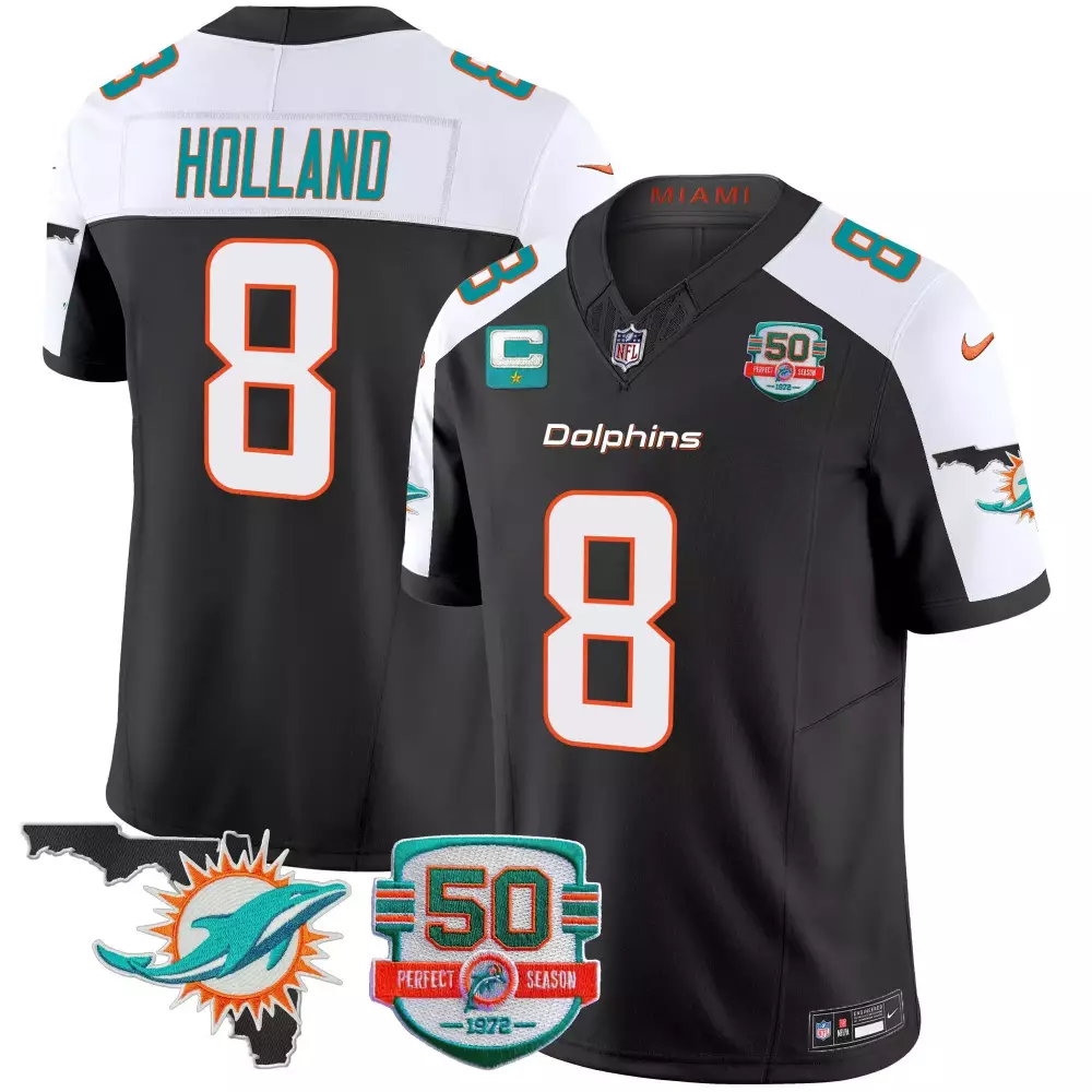 Jevon Holland 8 Dolphins Jersey Black 50th Season 50 Perfect 1972 Miami Men NFL White
