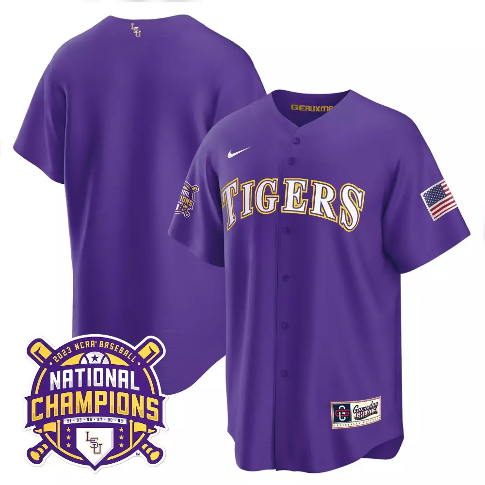 Lsu Tigers Jersey Purple 2023 National Champions Baseball American Flag Men Gold