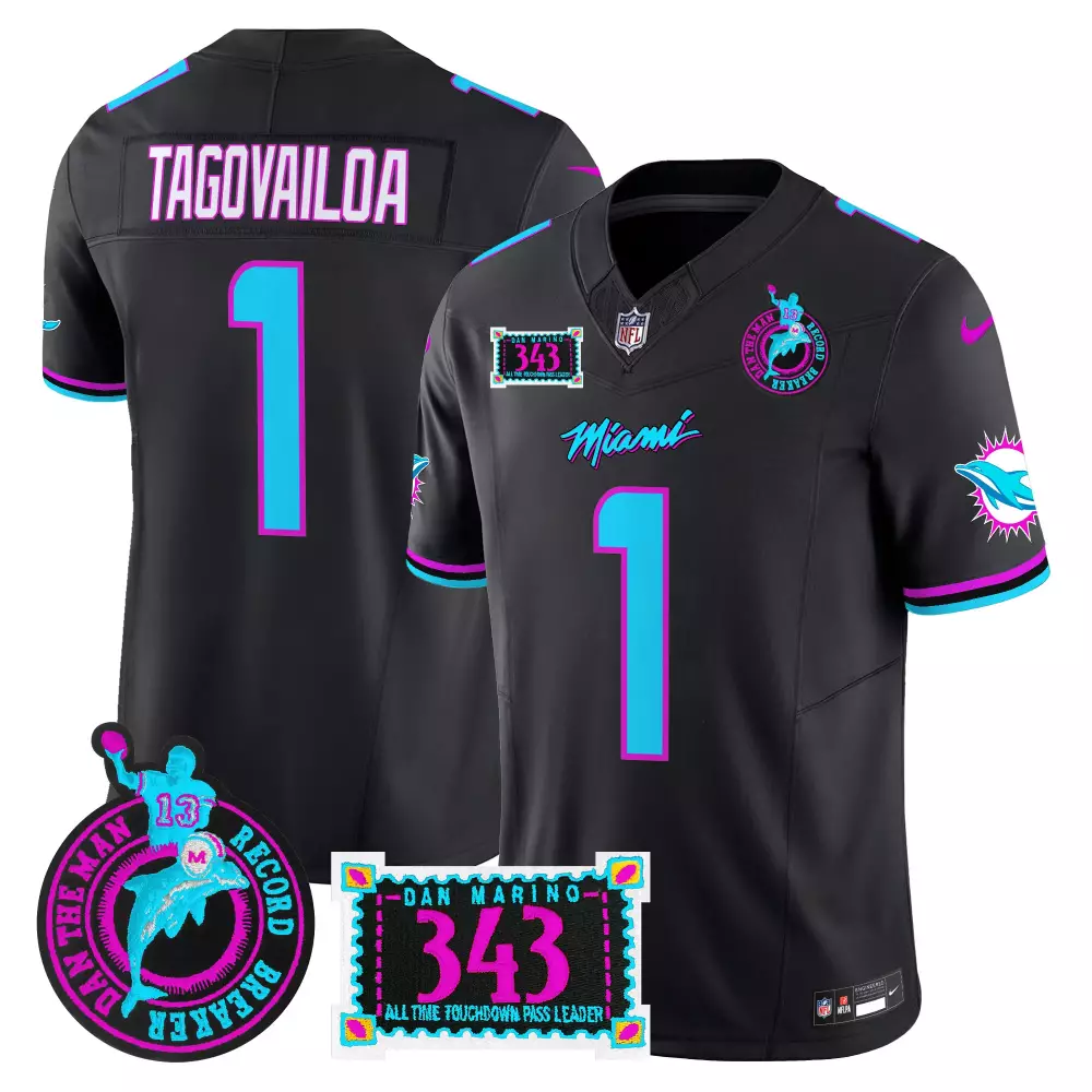 Tua Tagovailoa 1 Miami Dolphins Jersey Black Dan Marino Legacy Man Record Breaker