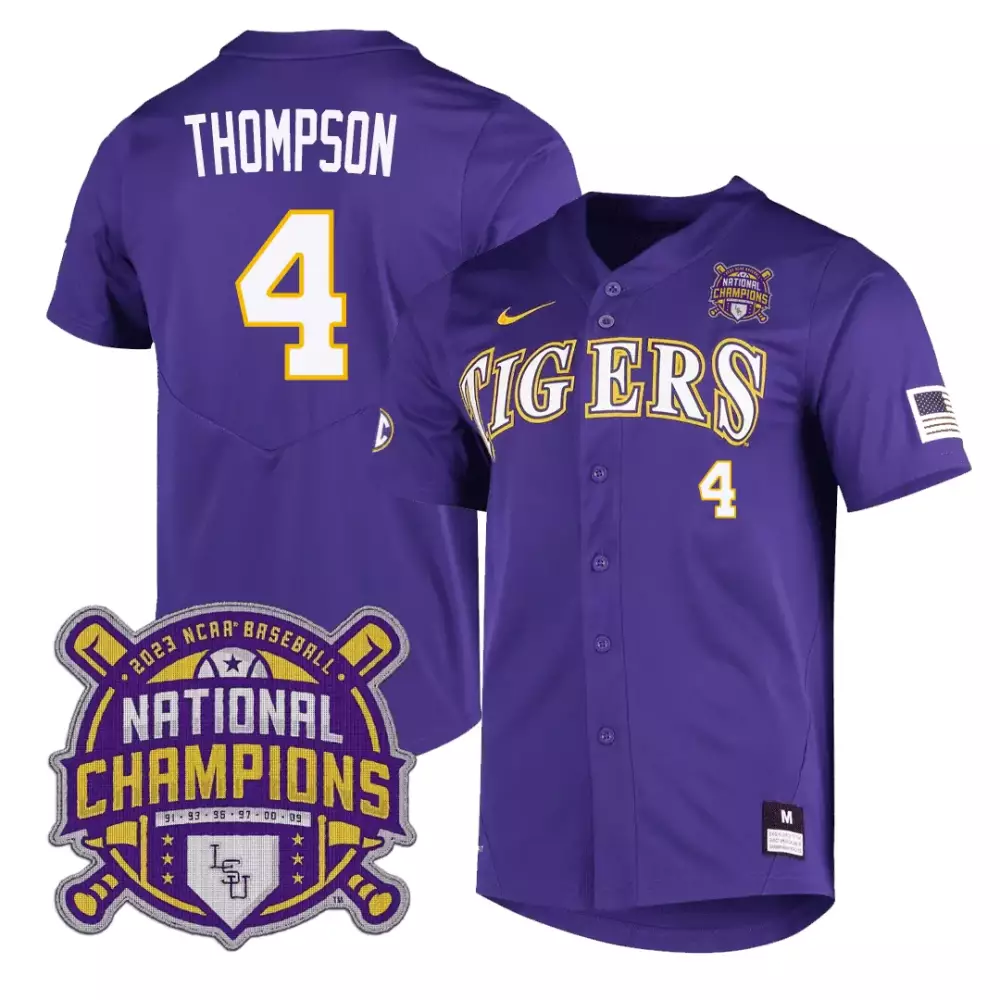 Thompson 4 Lsu Tigers Jersey Purple 2023 Ncaa Baseball National Champions Men Yellow