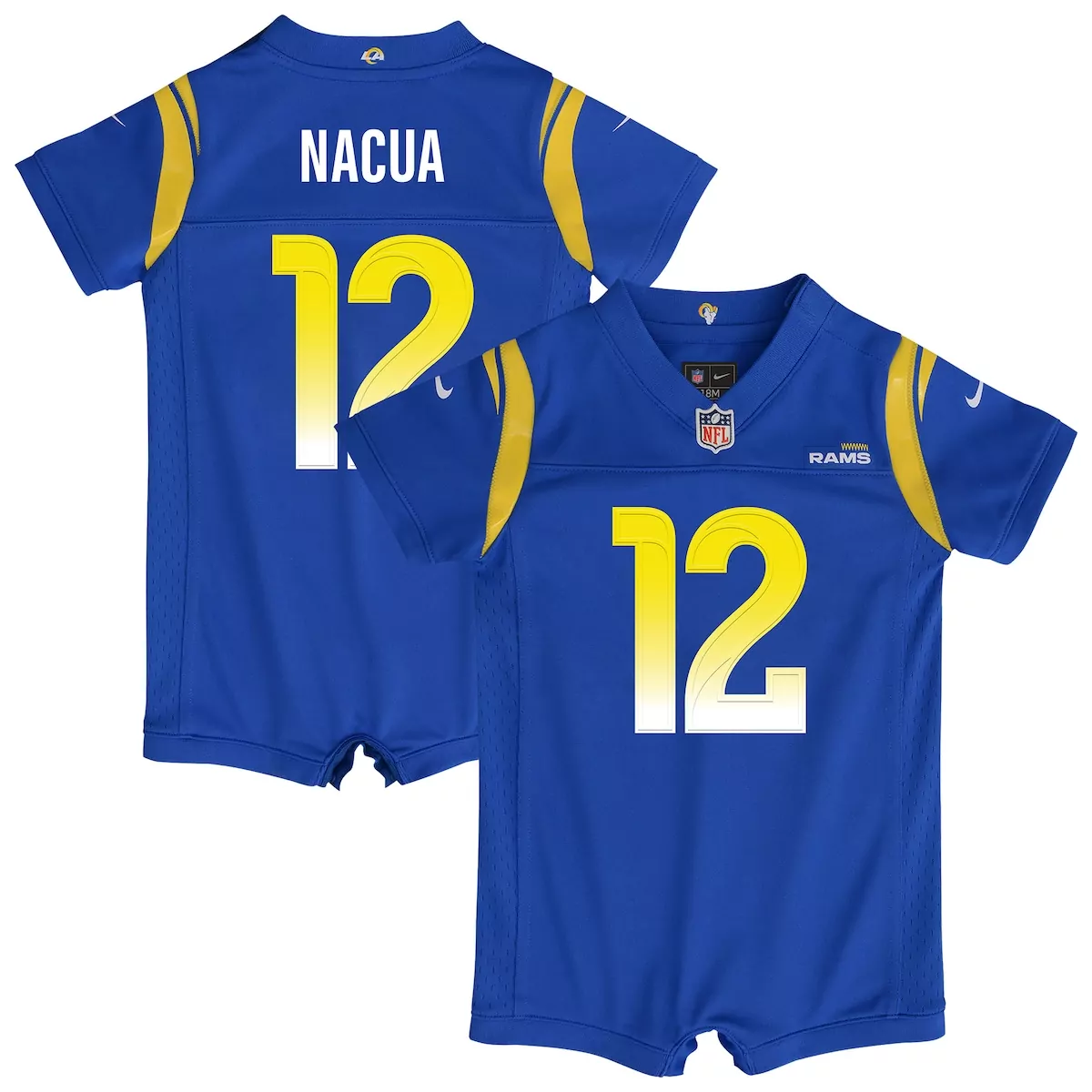 Puka Nacua 12 Rams Jersey Royal Blue Kids Romper Gold White Game