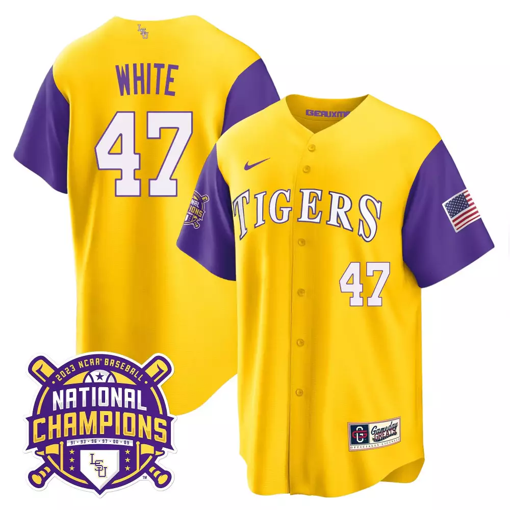 Eli White 47 Lsu Tigers Jersey Yellow National Champions 2023 Baseball Men Purple