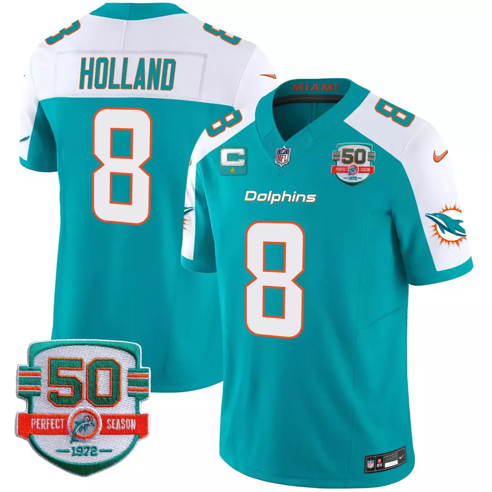 Jevon Holland 8 Dolphins Jersey Teal 50th Perfect Season 1972 Men Official White