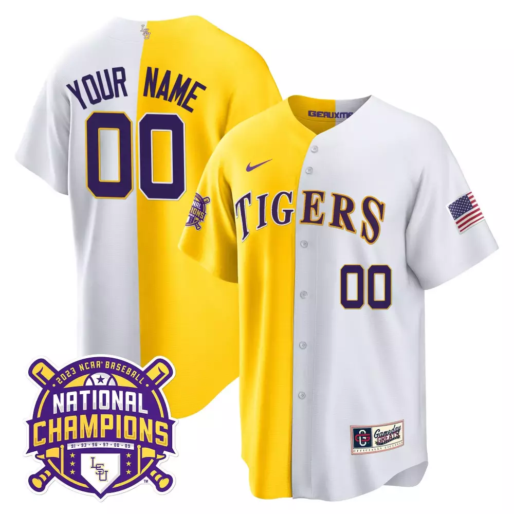 Custom Lsu Tigers Jersey Yellow National Champions 2023 Baseball American Flag Men