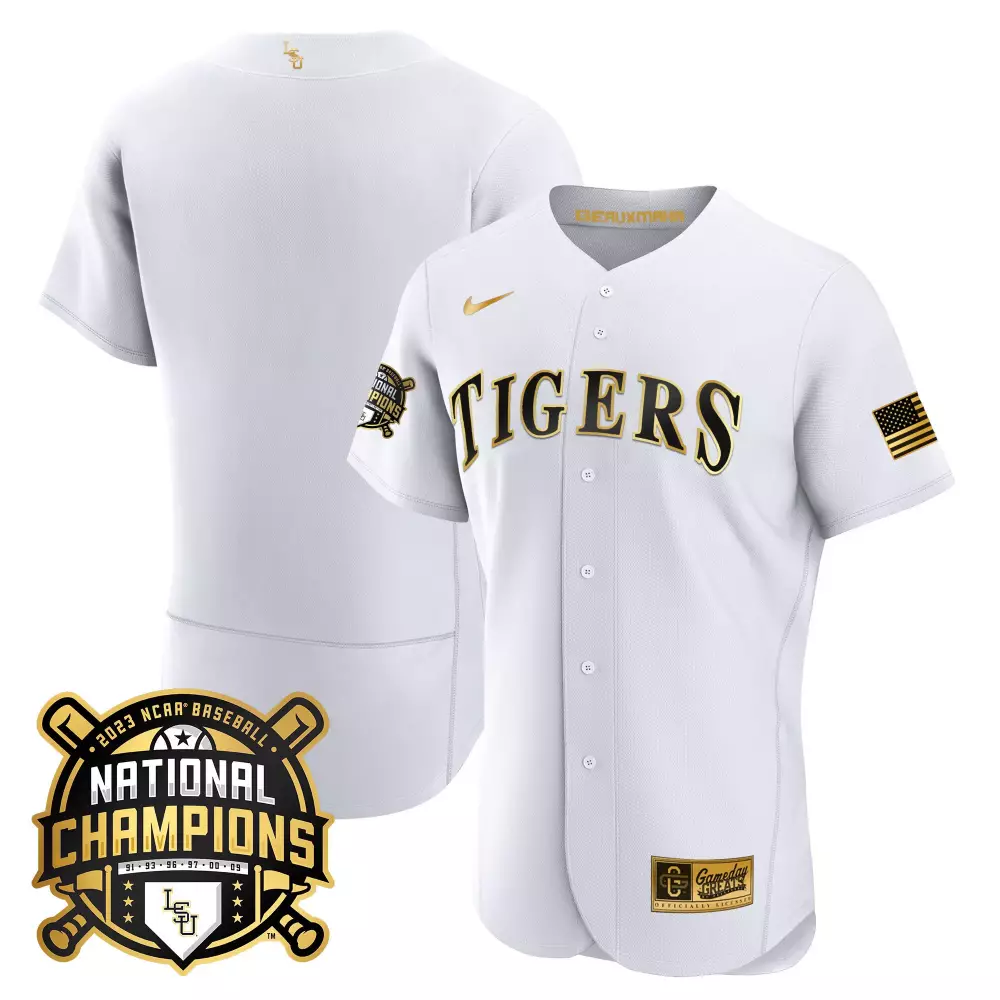 Lsu Jersey White 2023 National Champions Baseball American Flag Men Gold Black Flex