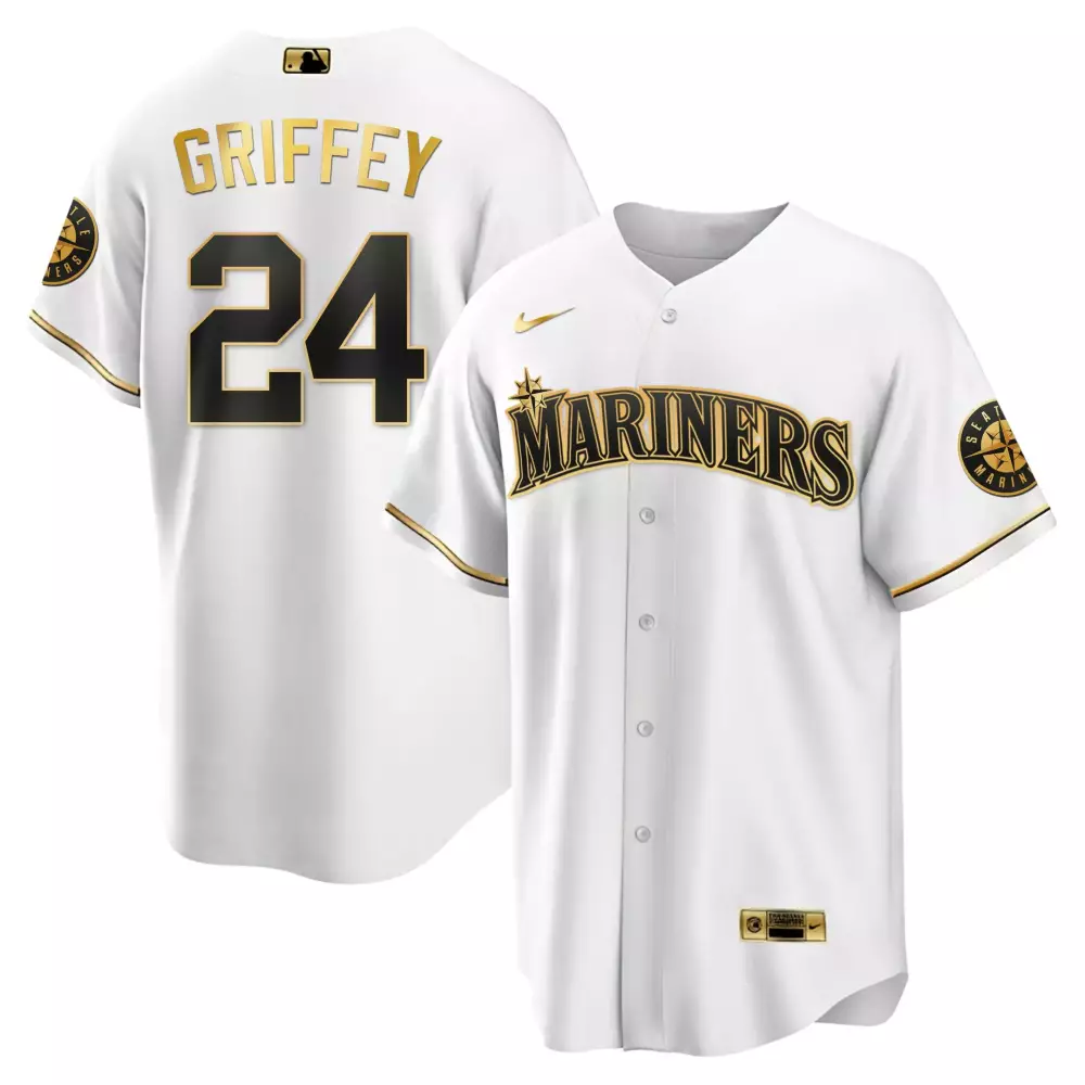 Ken Griffey 24 Mariners Jersey White Gold Collection Men Black All Stitched Vapor