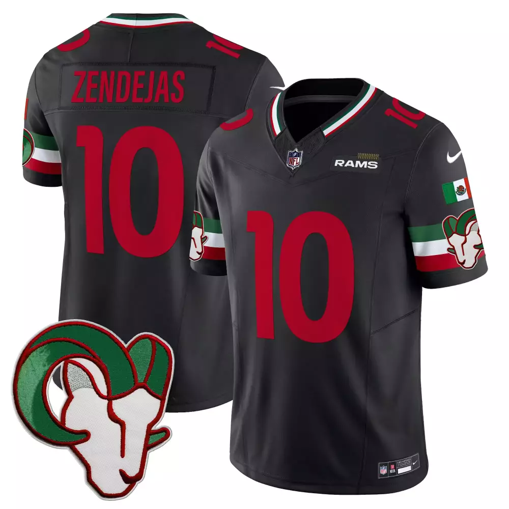 Tony Zendejas 10 Rams Jersey Black Mexico Ram Head 2023 Men NFL Red White Green Vapor
