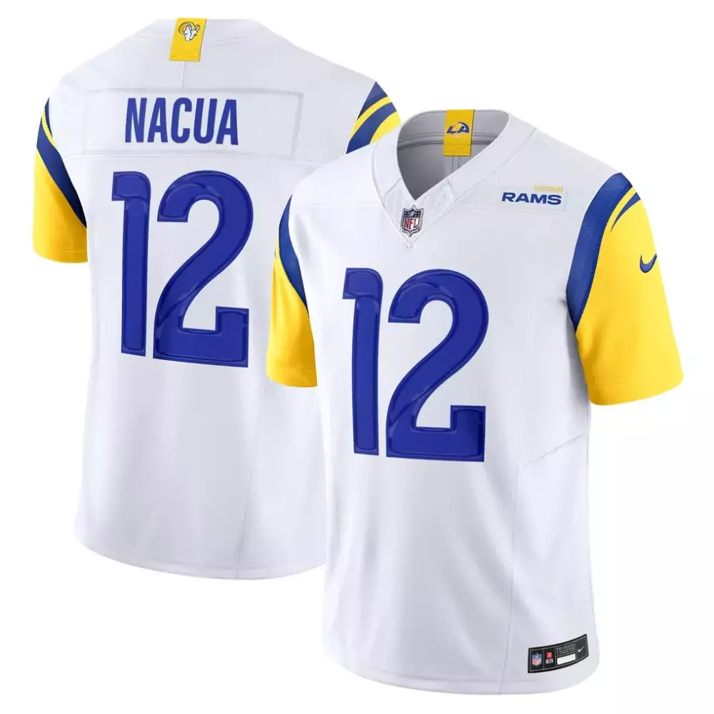 Puka Nacua 12 Rams Jersey White Men Nike NFL Blue Yellow Vapor Limited