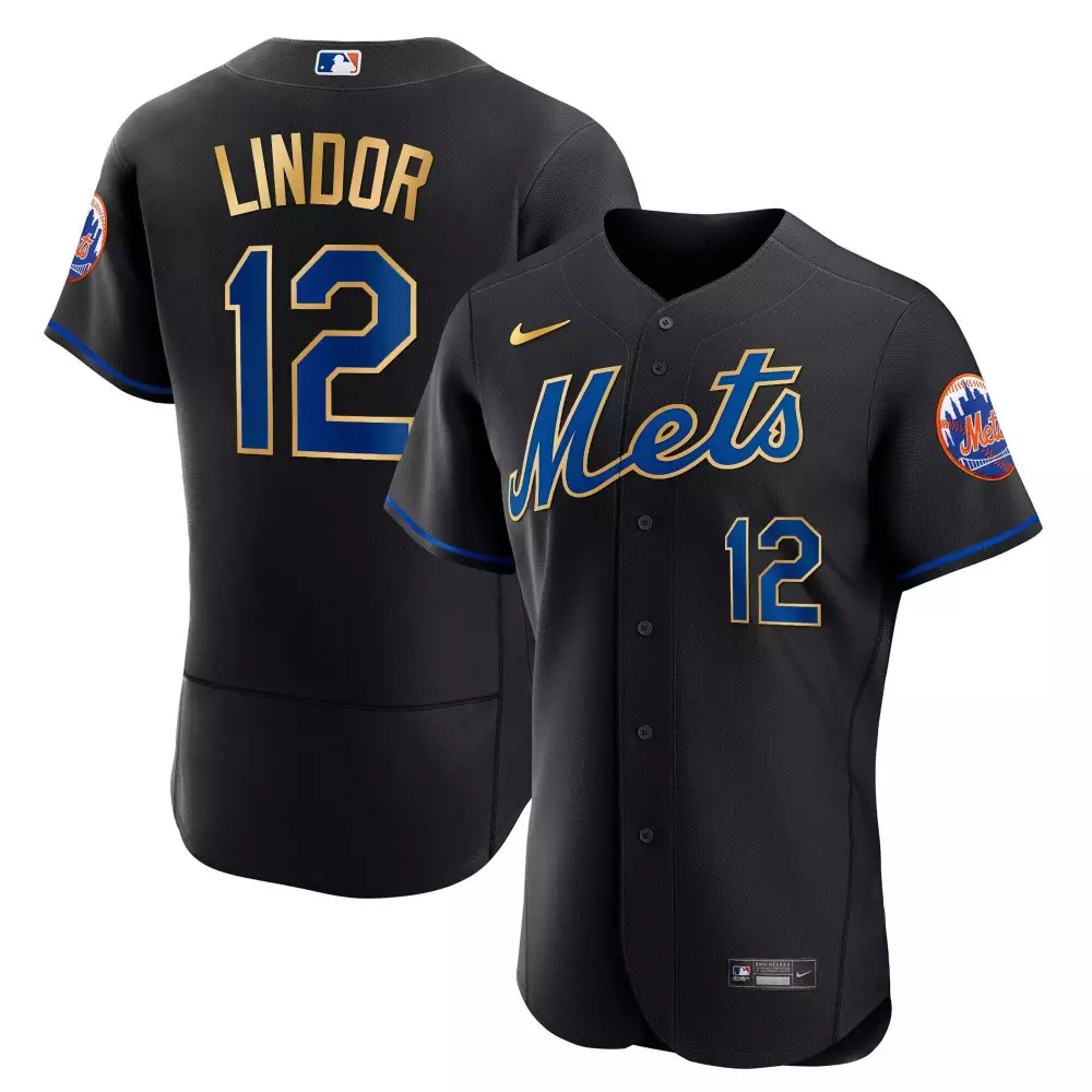 Francisco Lindor 12 Mets Jersey Black Men Replica Blue Gold Flex All Stitched