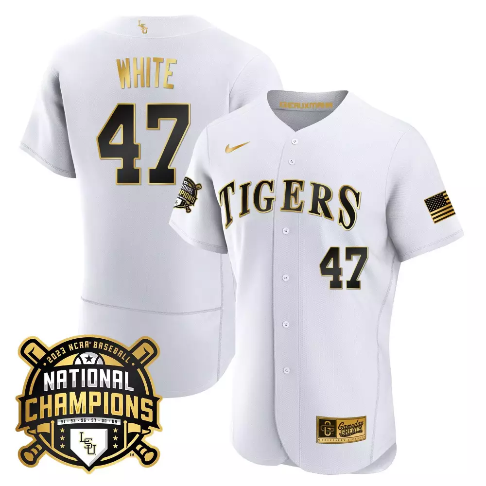Eli White 47 Tigers Jersey 2023 Ncaa Baseball National Champions Men Black Gold Flex