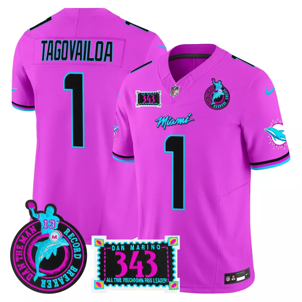 Tua Tagovailoa 1 Miami Dolphins Jersey Pink Dan Marino Man Record Breaker Men NFL