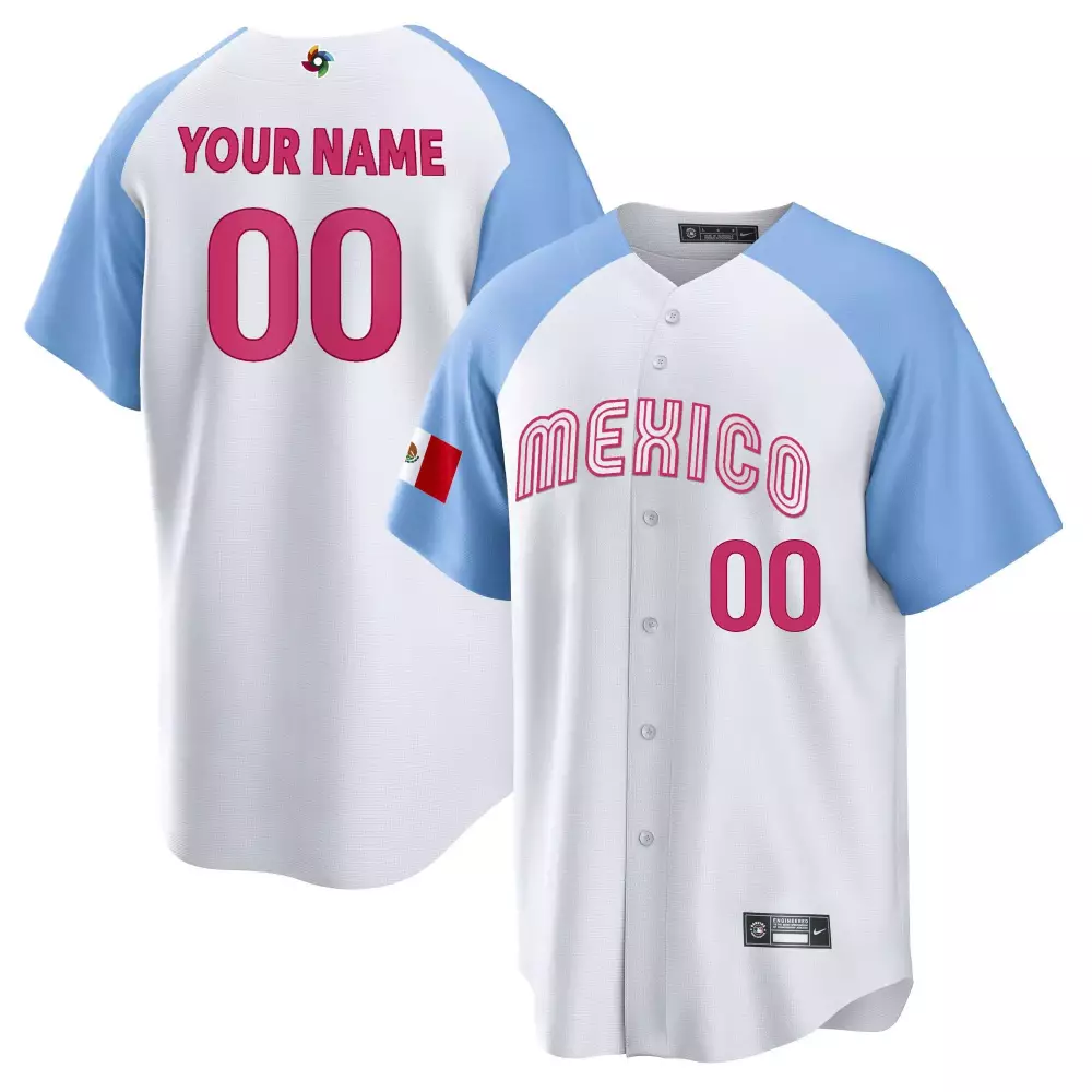 Custom Mexico Jersey White Pink Light Blue All Stitched Vapor