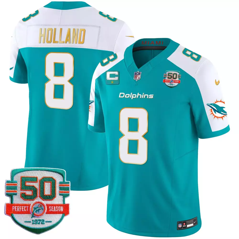 Jevon Holland 8 Miami Dolphins Jersey Teal 50th Perfect Season 1972 Men White Orange