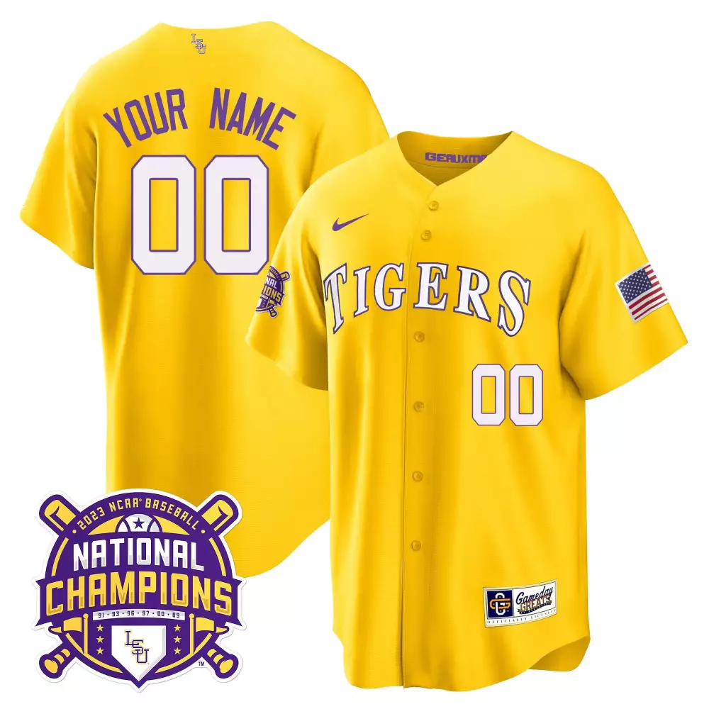 Custom Lsu Tigers Jersey Yellow 2023 Baseball National Champions Men Purple White
