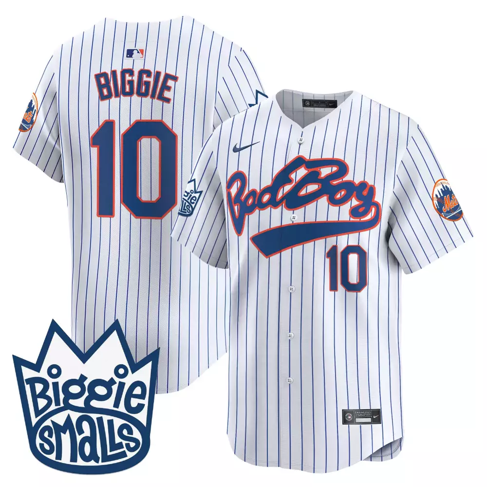 Grimace Pinstripe 10 Jersey White New York Mets Biggie Smalls Crown Men Blue Orange