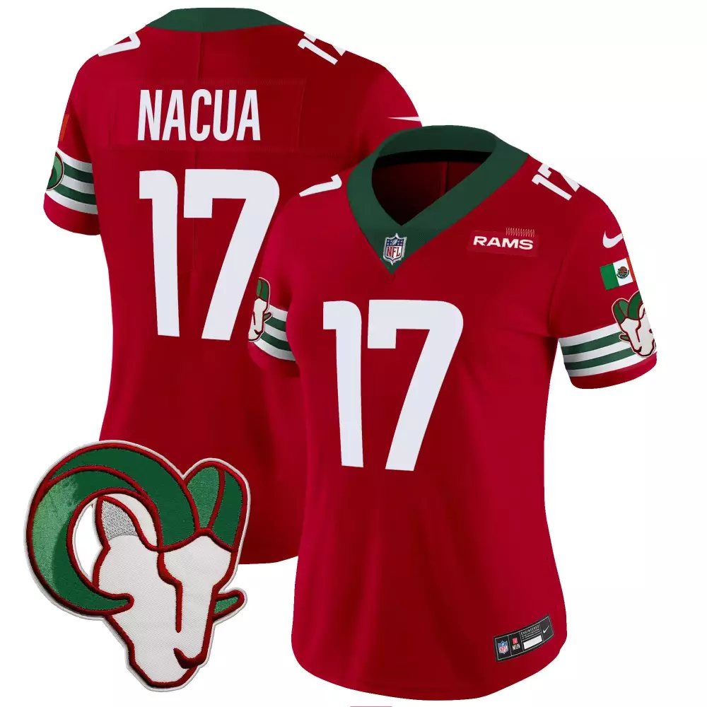 Puka Nacua 17 Rams Jersey Red Mexico City Series Flag 2023 Men Nike NFL Green White