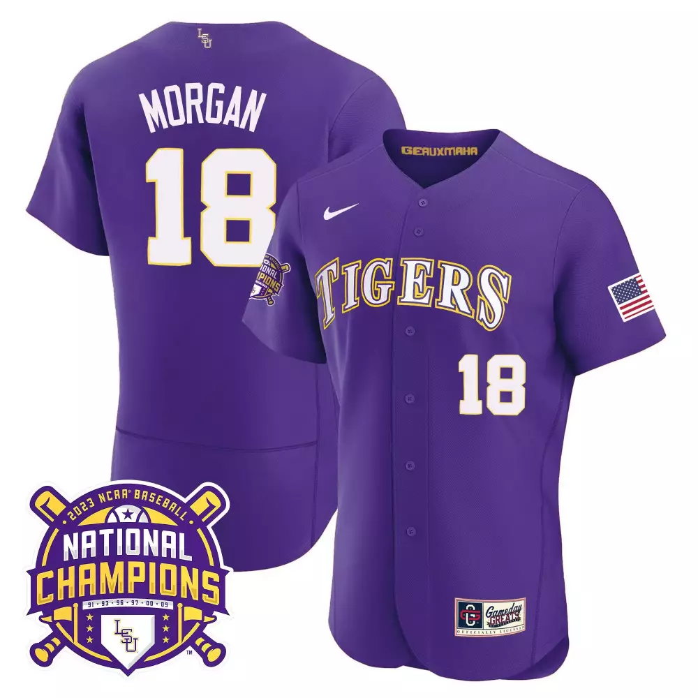 Tre Morgan 18 Lsu Tigers Jersey Purple 2023 Ncaa National Champions Baseball Gameday Greats