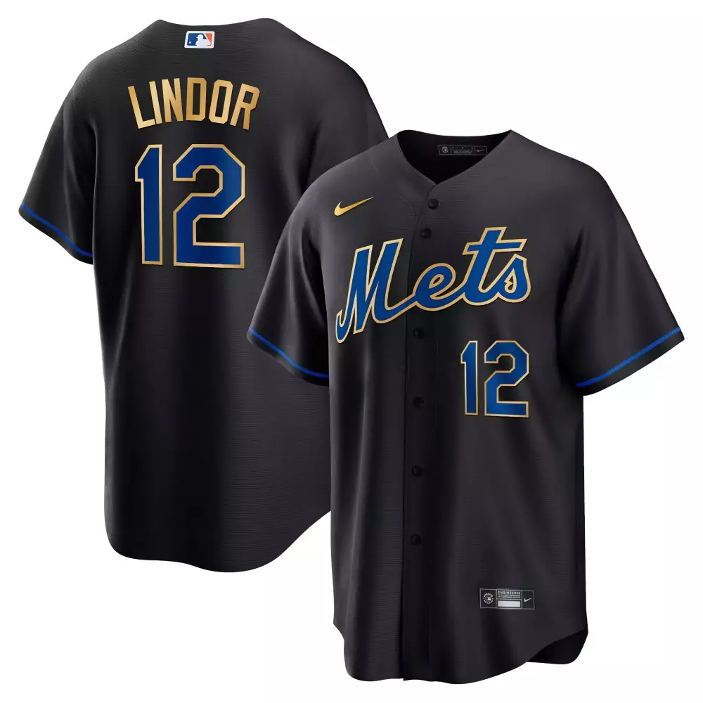 Francisco Lindor 12 Mets Jersey Black Men Blue Gold Cool All Stitched