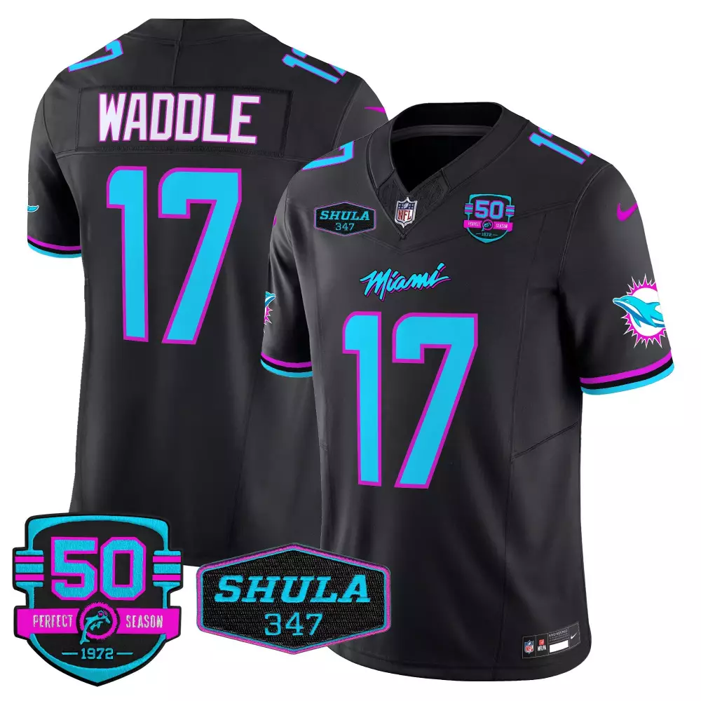Jaylen Waddle 17 Miami Dolphins Jersey Black Perfect Season 50th Anniversary 50 1972 Shula 347