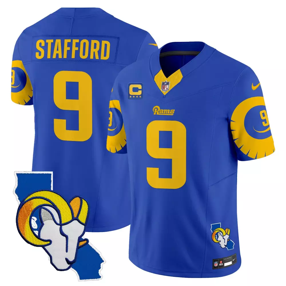 Matthew Stafford 9 Rams Jersey Blue California Outline Ram Head Men Yellow Vapor
