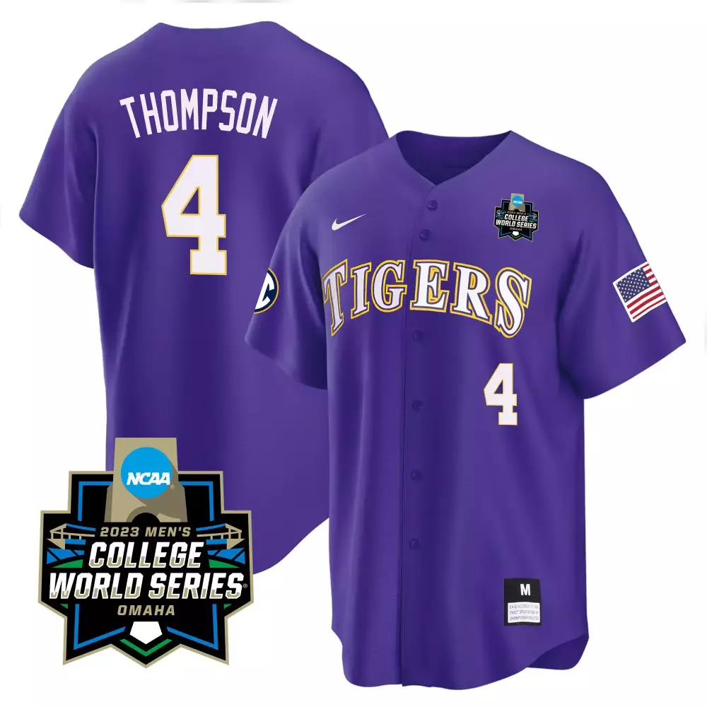 Thompson College 4 Tigers Jersey Purple 2023 Men's World Series Omaha American Flag