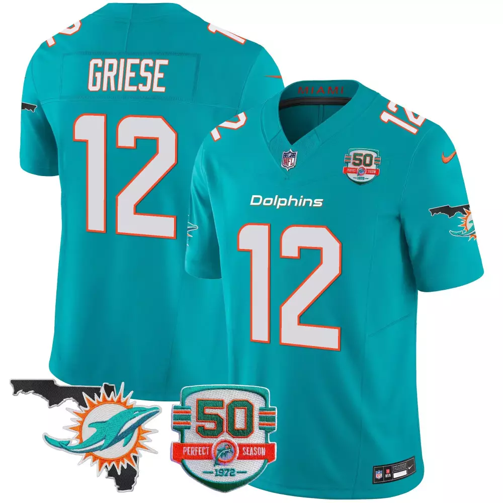 Bob Griese 12 Dolphins Jersey Teal Perfect Season Men NFL White Orange Vapor All