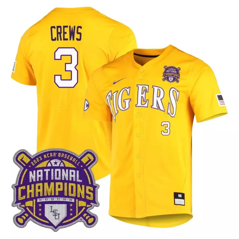 Dylan Crews 3 Tigers Jersey Yellow 2023 Baseball National Champions Men Purple White