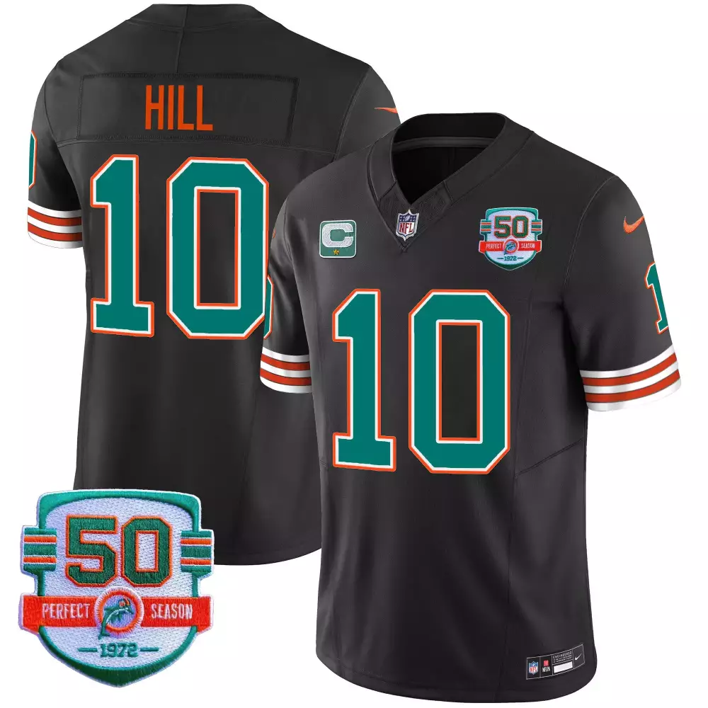 Tyreek Hill 10 Miami Dolphins Jersey Black 50th Perfect Season 1972 Men NFL Teal