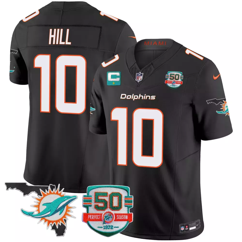 Tyreek Hill 10 Miami Dolphins Jersey Black 50th Perfect Season 1972 Men Authentic