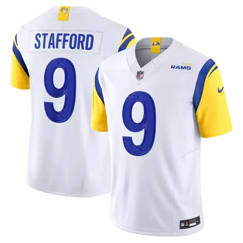 Matthew Stafford 9 Rams Jersey White Men Player Alternate Blue Yellow Vapor Limited