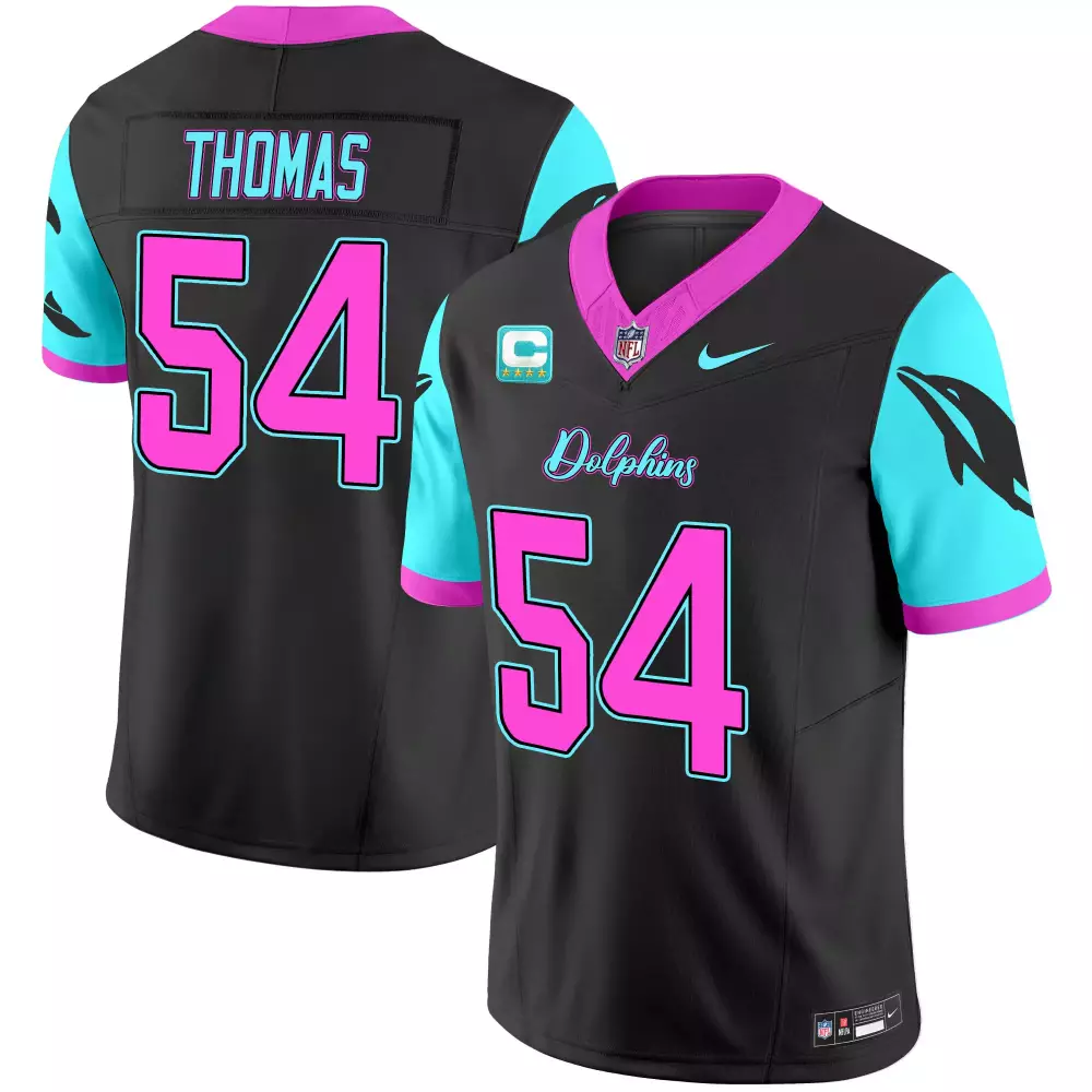 Thomas 54 Dolphins Jersey Black Men Standard Alternate Split Design Pink Aqua Stitched