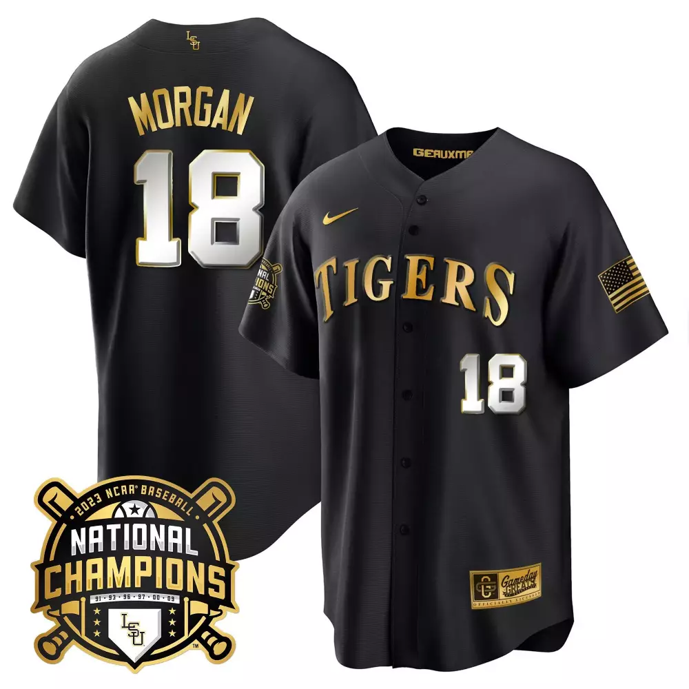 Tre Morgan 18 Tigers Jersey Black 2023 Ncaa Baseball National Champions Us Flag Men