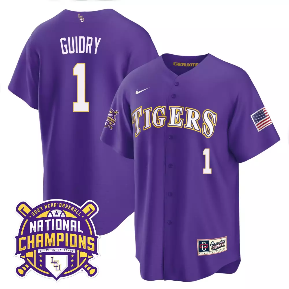 Weylin Guidry 1 Lsu Tigers Jersey Purple 2023 Baseball National Champions American Flag