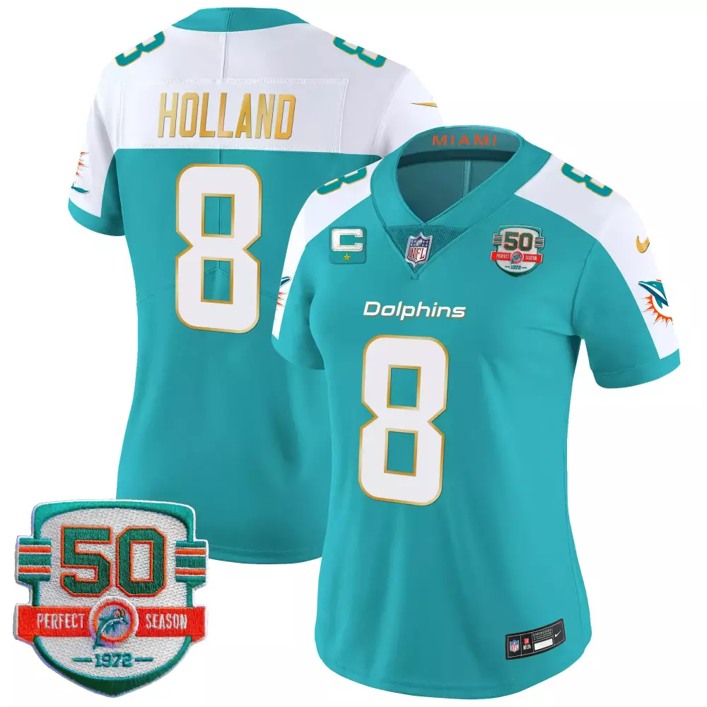 Jevon Holland 8 Dolphins Jersey Teal 50th Anniversary 50 Perfect Season 1972 Women