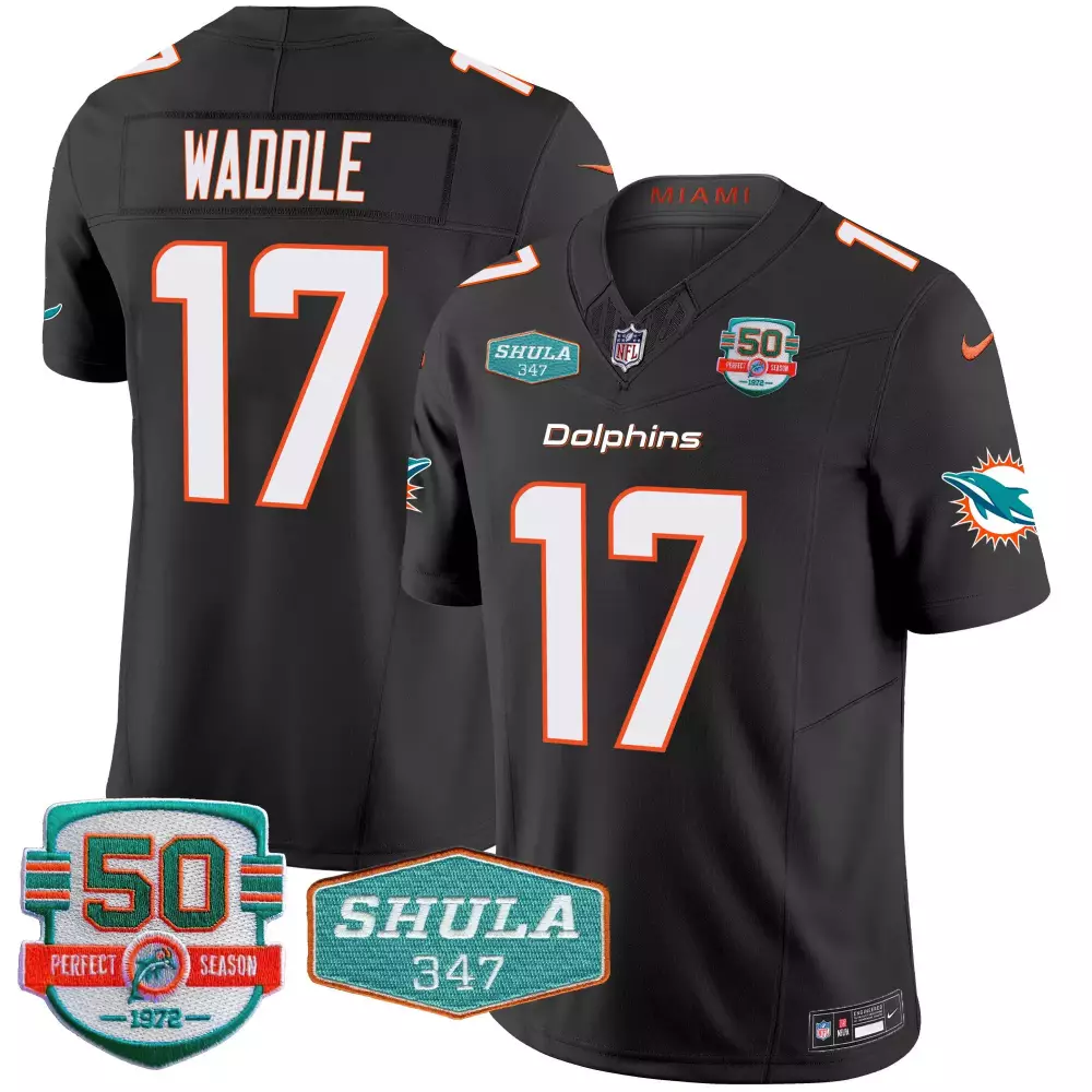 Jaylen Waddle 17 Dolphins Jersey Black 50th Anniversary Shula 347 50 Perfect Season 1972 2022