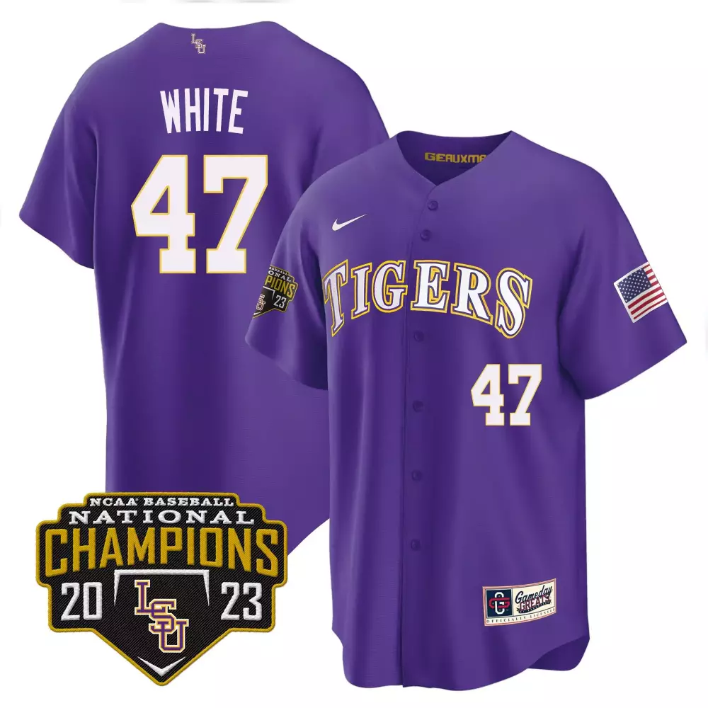 Eli White 47 Lsu Tigers Jersey Purple Baseball National Champions 2023 American Flag