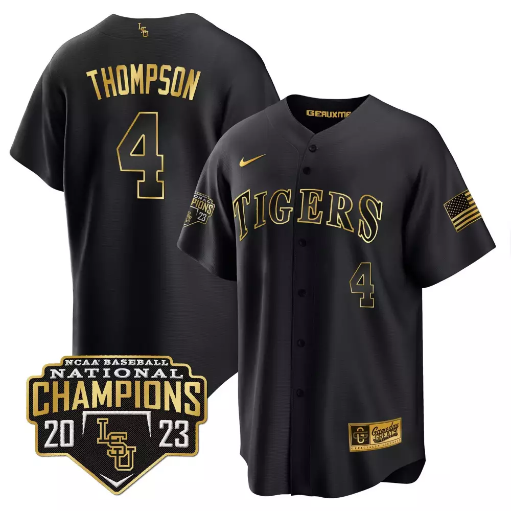Thompson 4 Tigers Jersey Black National Champions Baseball 2023 Geauxmlsa Men Gold