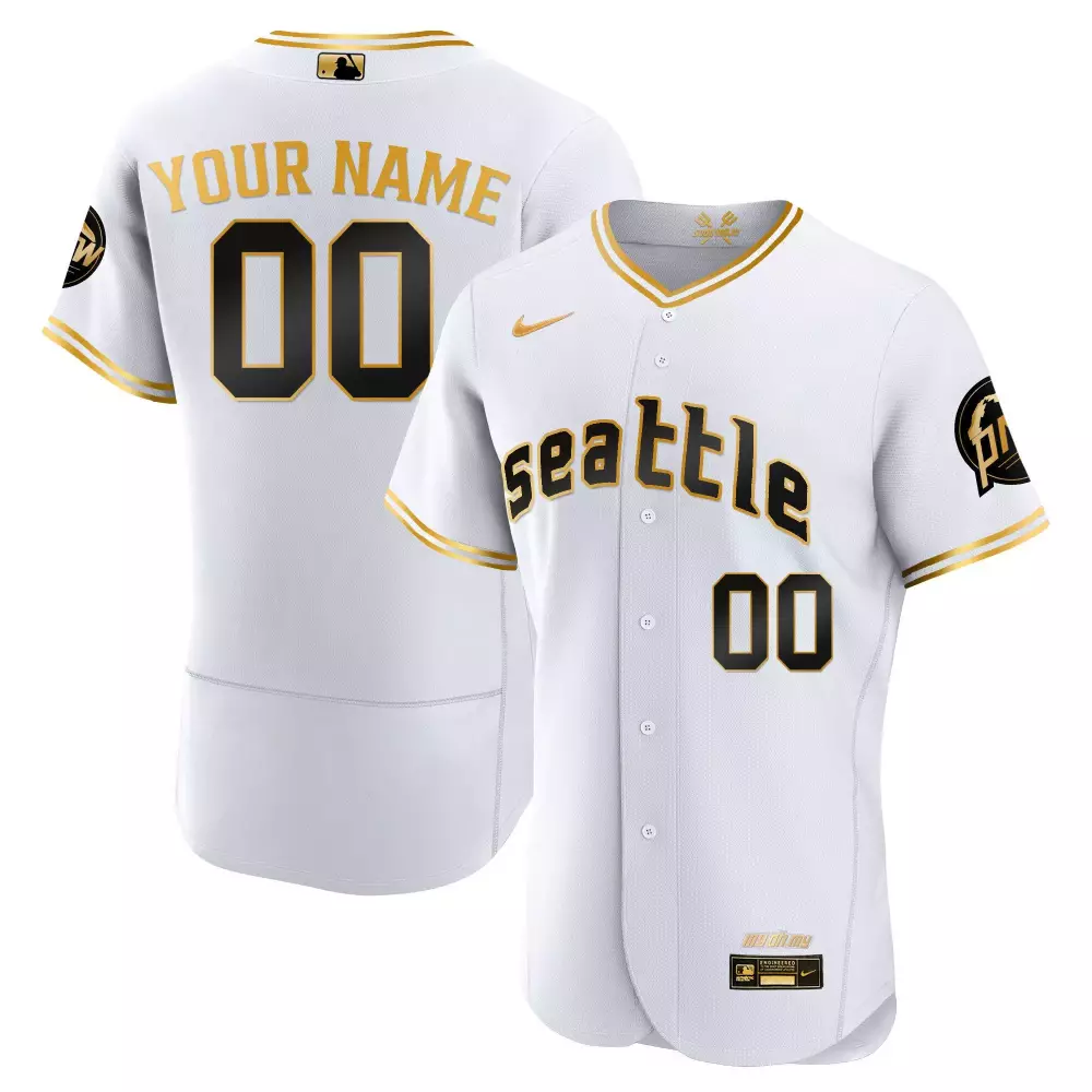 Custom Seattle Mariners Jersey White Men Black Gold Flex All Stitched