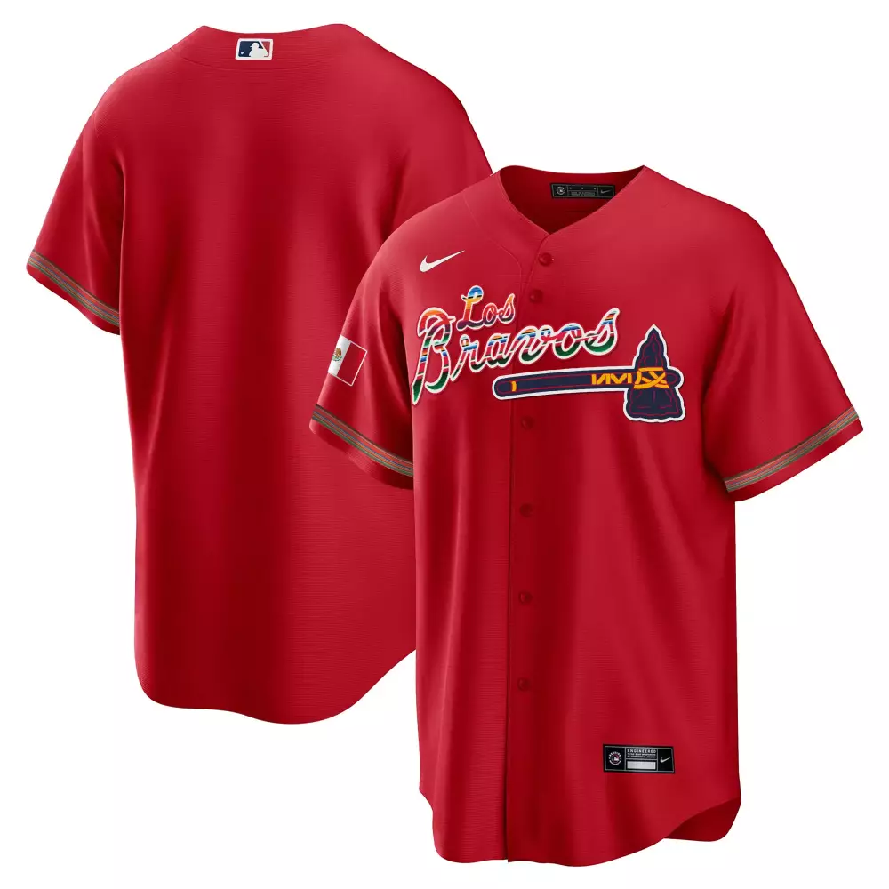Custom Atlanta Braves Jersey Red Los Mexico Flag 2023 White Green Blue Yellow Purple