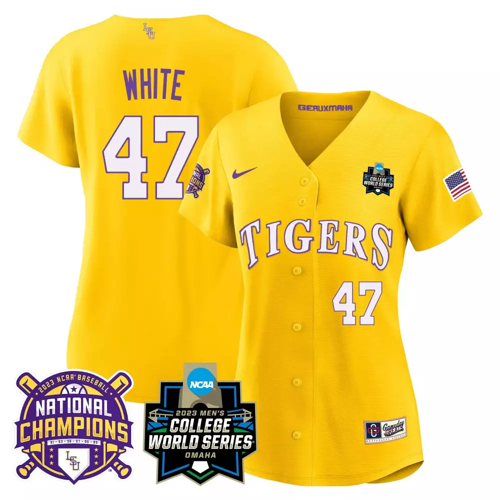 Eli White 47 Lsu Tigers Jersey Yellow College World Series 2023 Baseball National Champions