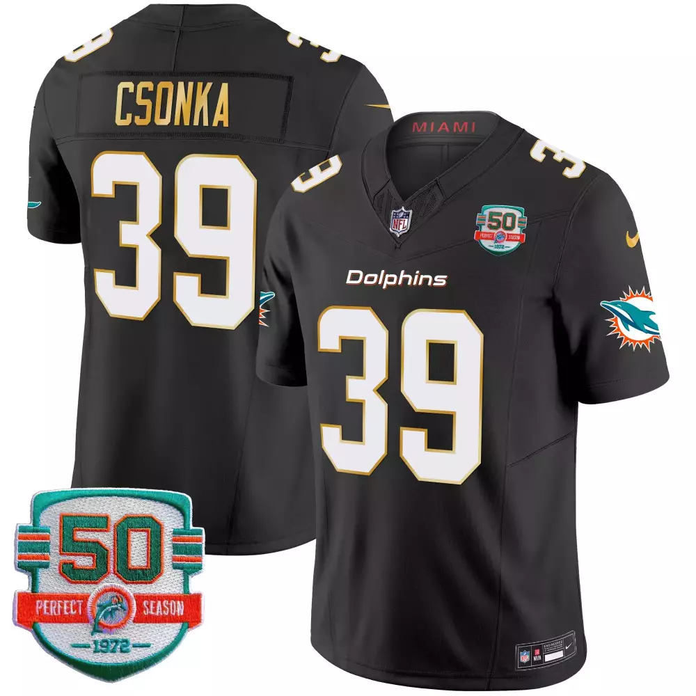 Larry Csonka 39 Dolphins Jersey Black 50th Perfect Season 1972 Men White Gold Vapor