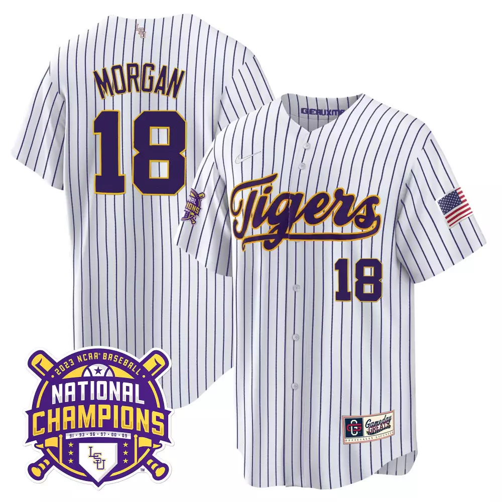 Tre Morgan 18 Tigers Jersey White 2023 Baseball National Champions Men Purple Cool