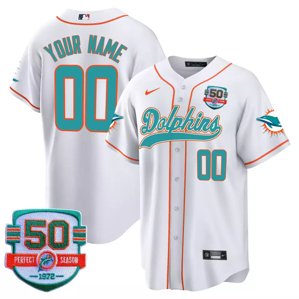 Custom Dolphins Jersey White 50th Perfect Season 1972 Men Teal Orange All Stitched