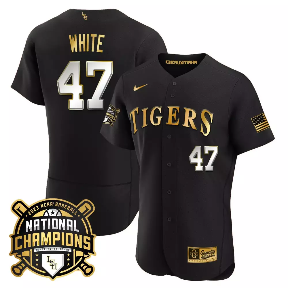 Eli White 47 Tigers Jersey Black 2023 Ncaa Baseball National Champions Men Gold Limited