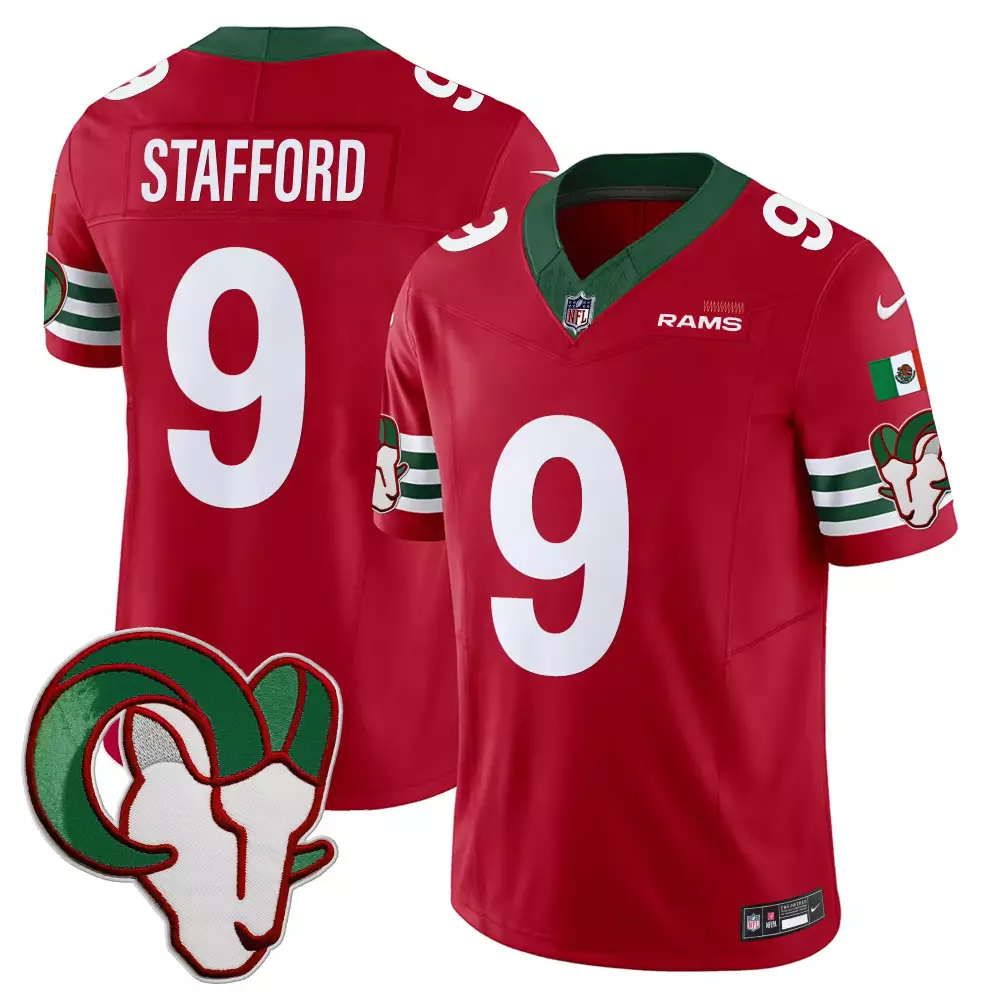 Matthew Stafford 9 Rams Jersey Red Mexico Flag Ram Mascot Men Green White Vapor Limited
