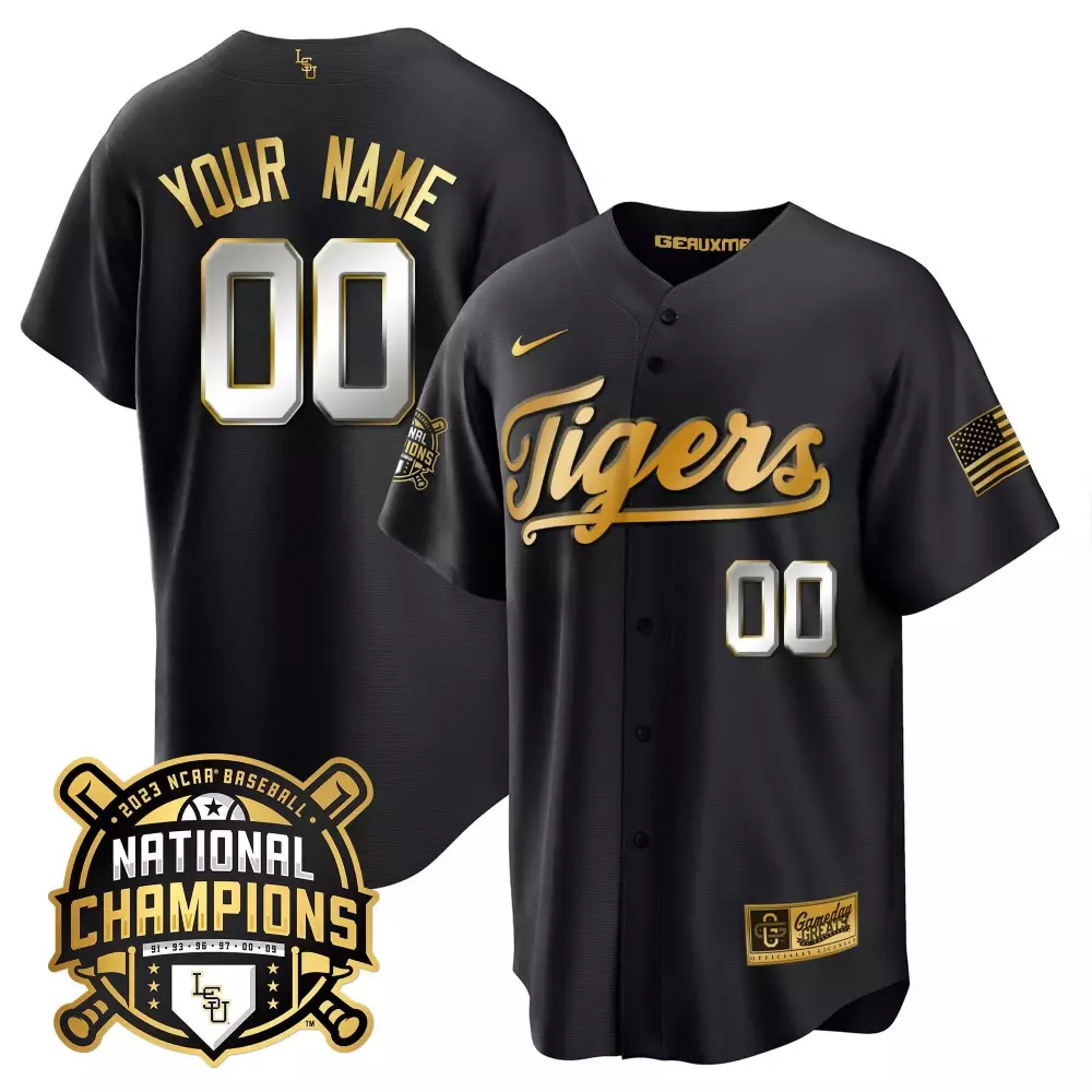Custom Tigers Jersey Black 2023 Ncaa Baseball National Champions Geauxmp Men Gold